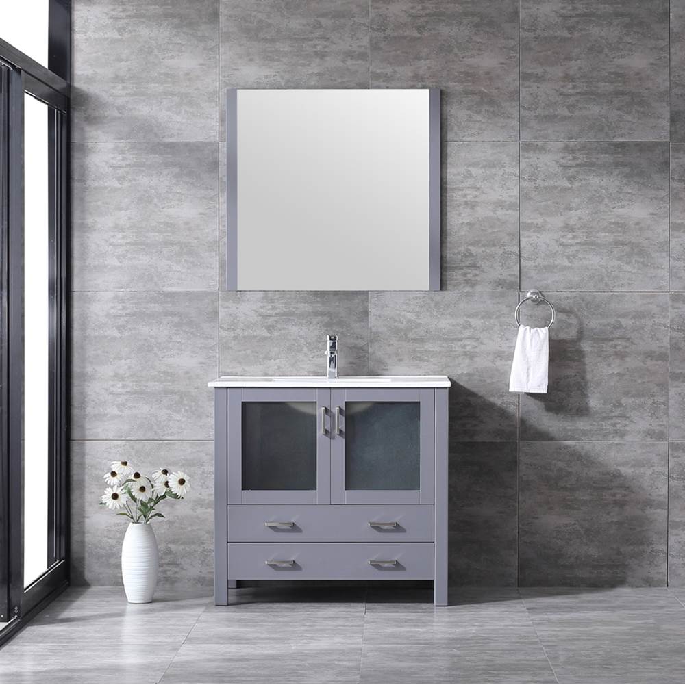 Lexora Volez 36'' Dark Grey Single Vanity, Integrated Top, White Integrated Square Sink and 34'' Mirror w/ Faucet