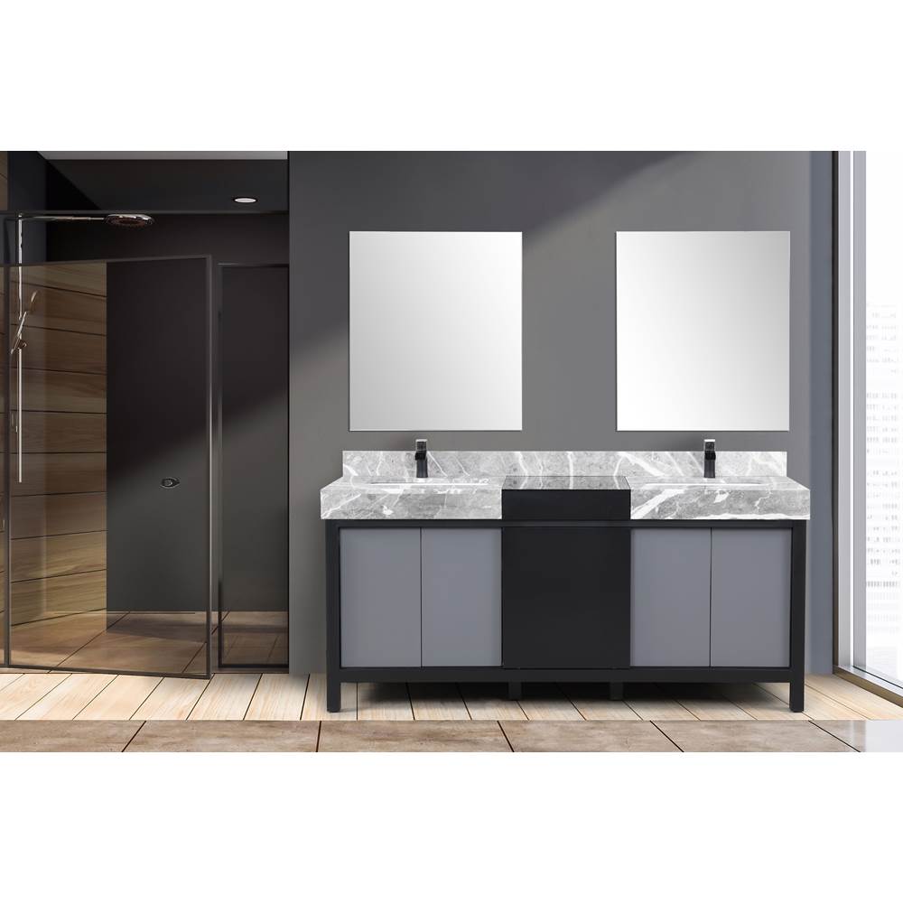 Lexora Zilara 72'' Black and Grey Double Vanity, Castle Grey Marble Tops, White Square Sinks, Cascata Nera Matte Black Faucet Set, and 28'' Frameless Mirrors