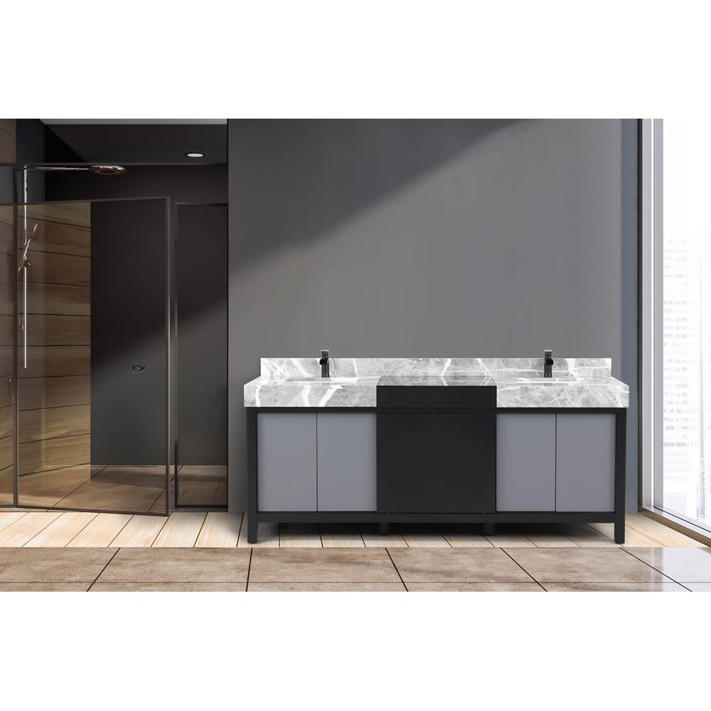 Lexora Zilara 80'' Black and Grey Double Vanity, Castle Grey Marble Tops, White Square Sinks, and Cascata Nera Matte Black Faucet Set