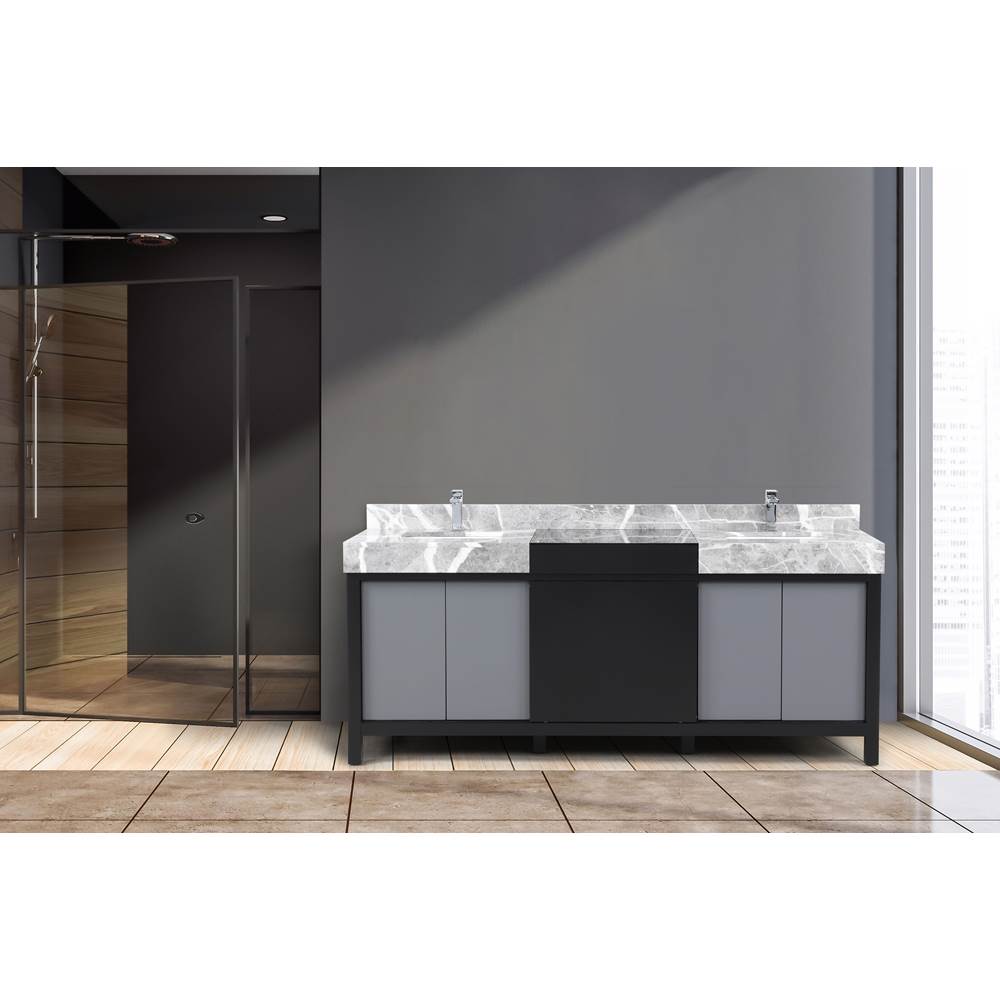 Lexora Zilara 80'' Black and Grey Double Vanity, Castle Grey Marble Tops, White Square Sinks, and Monte Chrome Faucet Set