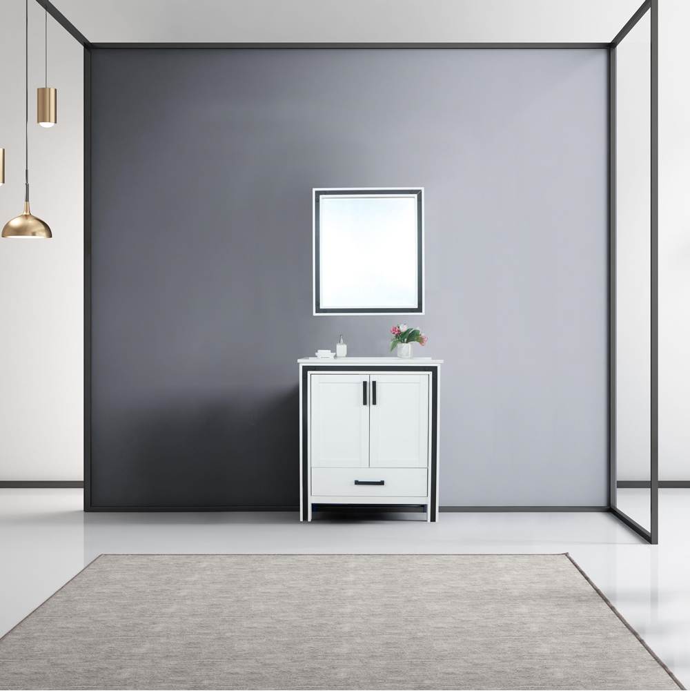 Lexora Ziva 30'' White Single Vanity, Cultured Marble Top, White Square Sink and 28'' Mirror