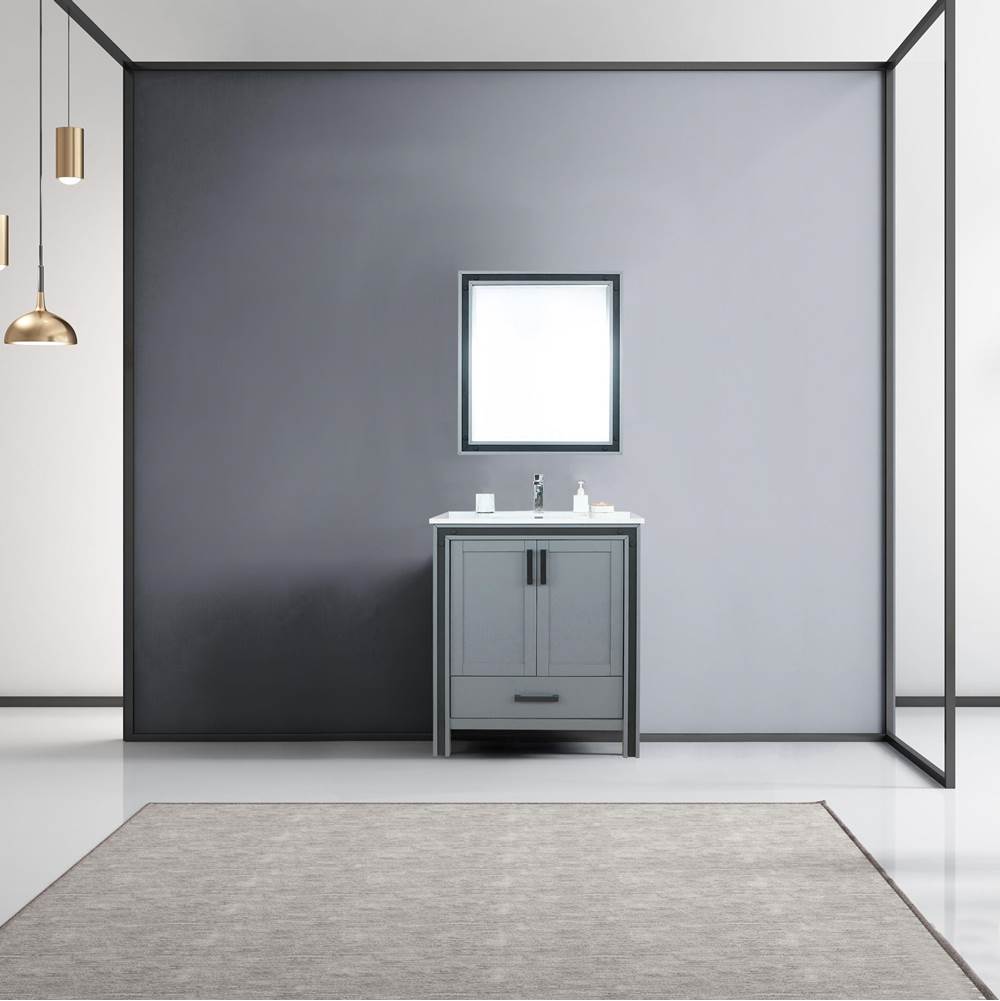 Lexora Ziva 30'' Dark Grey Single Vanity, Cultured Marble Top, White Square Sink and 28'' Mirror w/ Faucet