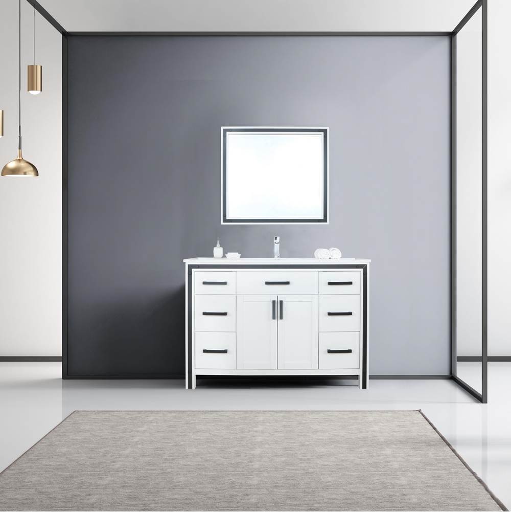 Lexora Ziva 48'' White Single Vanity, Cultured Marble Top, White Square Sink and 34'' Mirror w/ Faucet