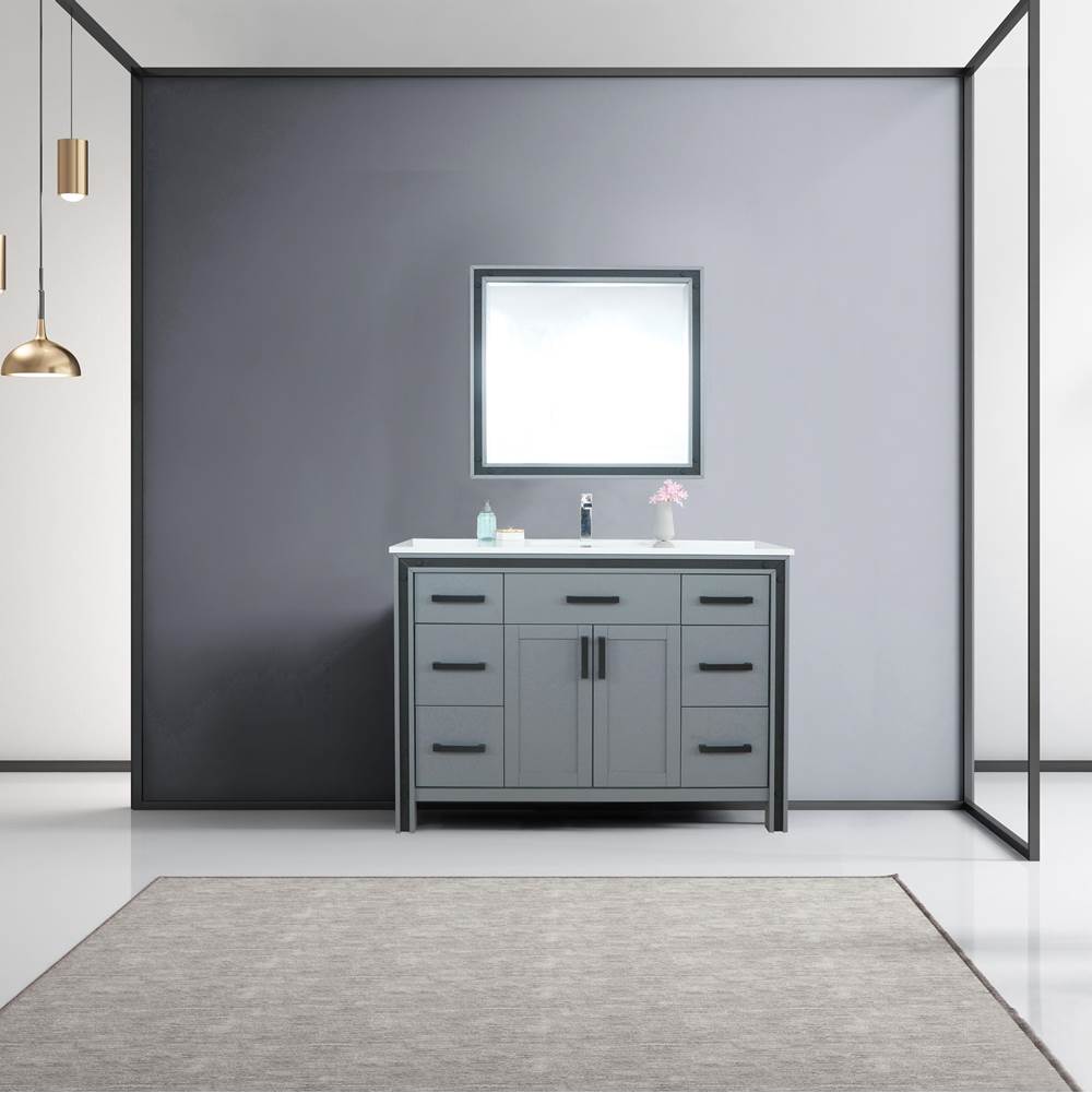 Lexora Ziva 48'' Dark Grey Single Vanity, Cultured Marble Top, White Square Sink and 34'' Mirror w/ Faucet