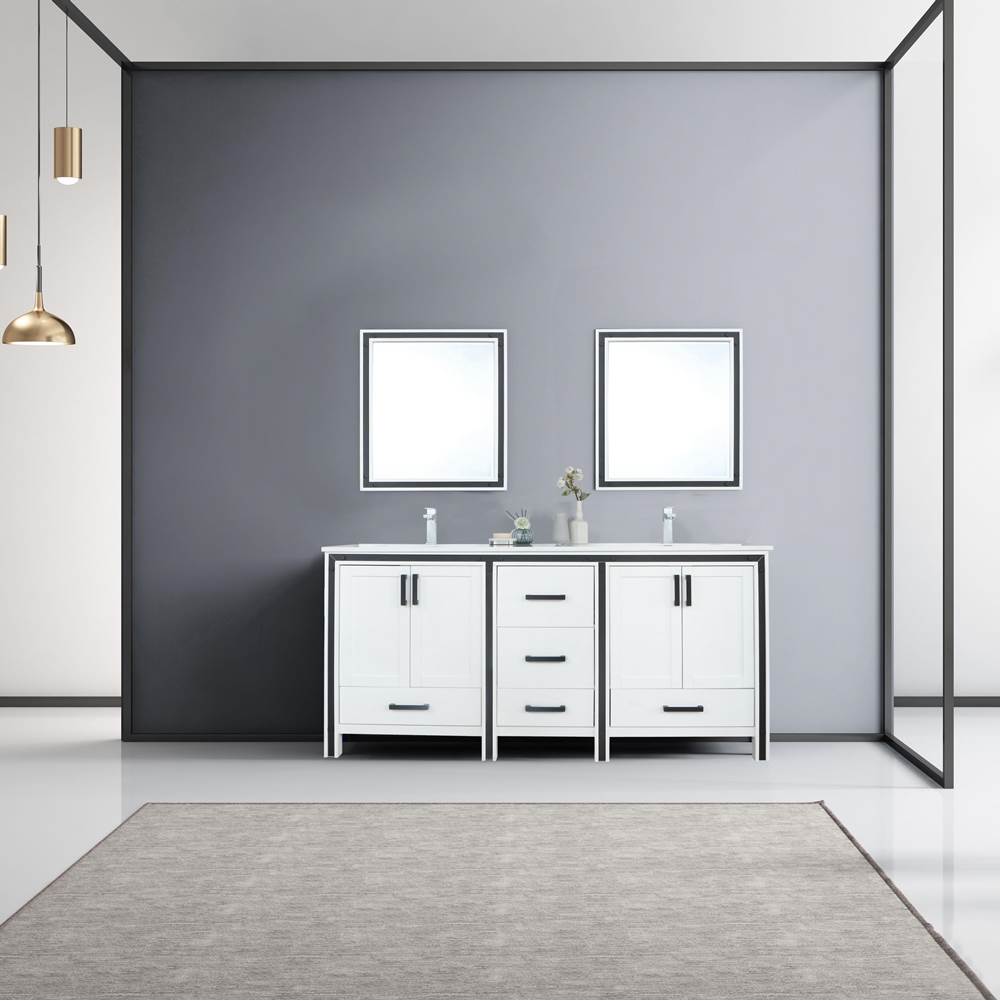 Lexora Ziva 72'' White Double Vanity, Cultured Marble Top, White Square Sink and 30'' Mirrors w/ Faucet