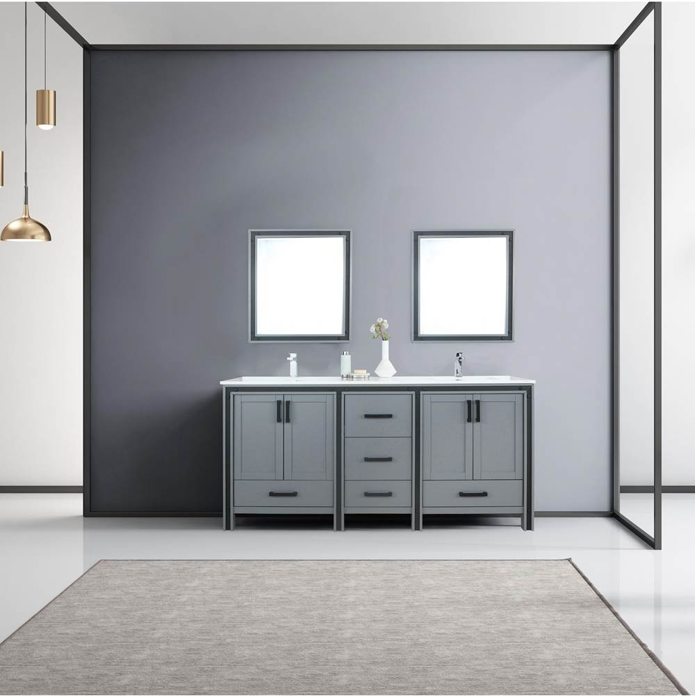 Lexora Ziva 72'' Dark Grey Double Vanity, Cultured Marble Top, White Square Sink and 30'' Mirrors w/ Faucet