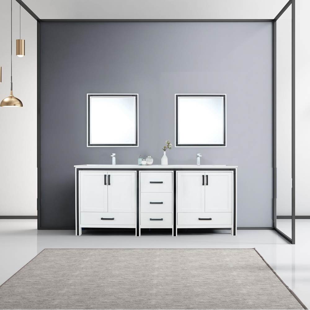 Lexora Ziva 80'' White Double Vanity, Cultured Marble Top, White Square Sink and 30'' Mirrors w/ Faucet