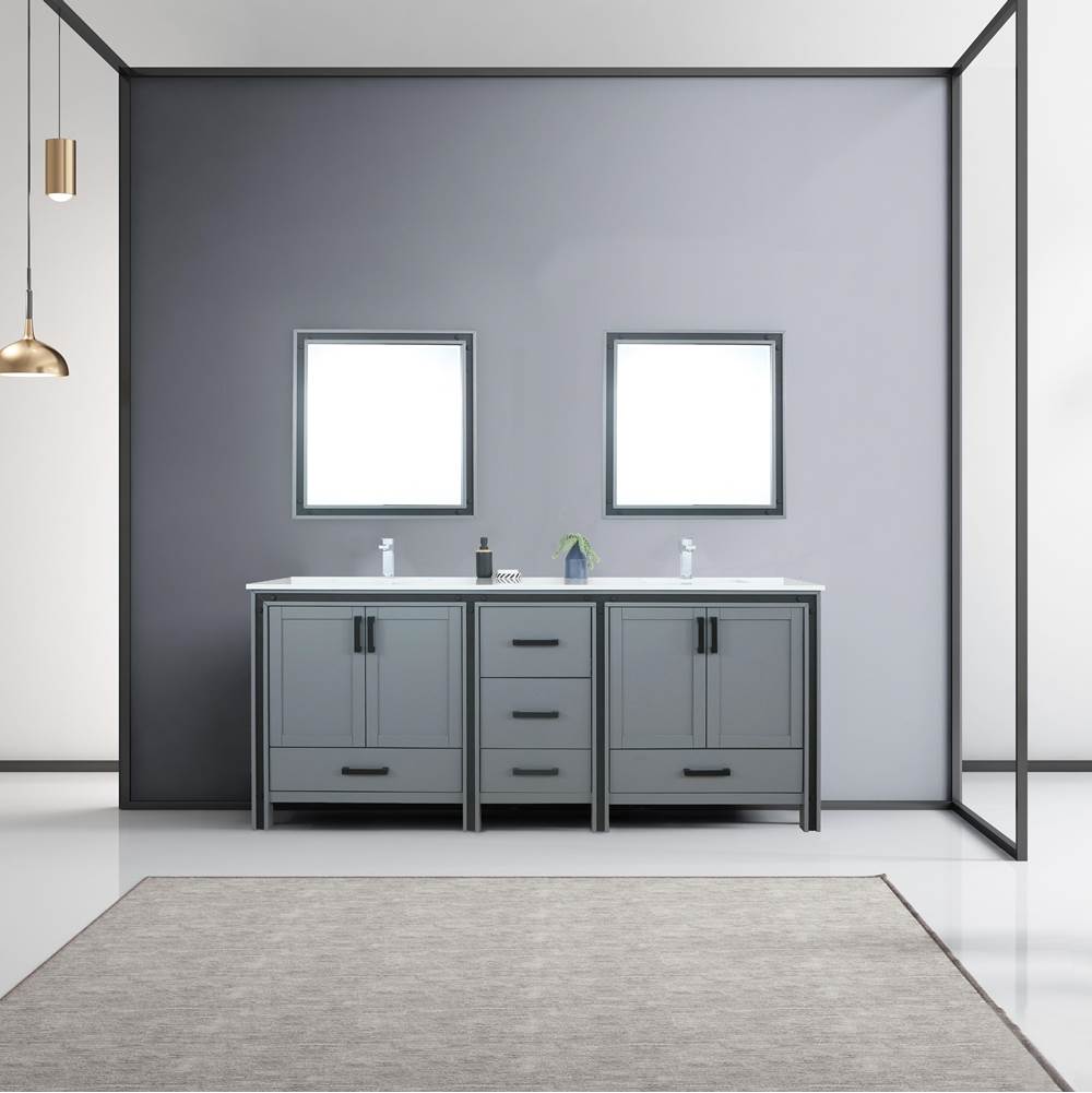 Lexora Ziva 80'' Dark Grey Double Vanity, Cultured Marble Top, White Square Sink and 30'' Mirrors w/ Faucet