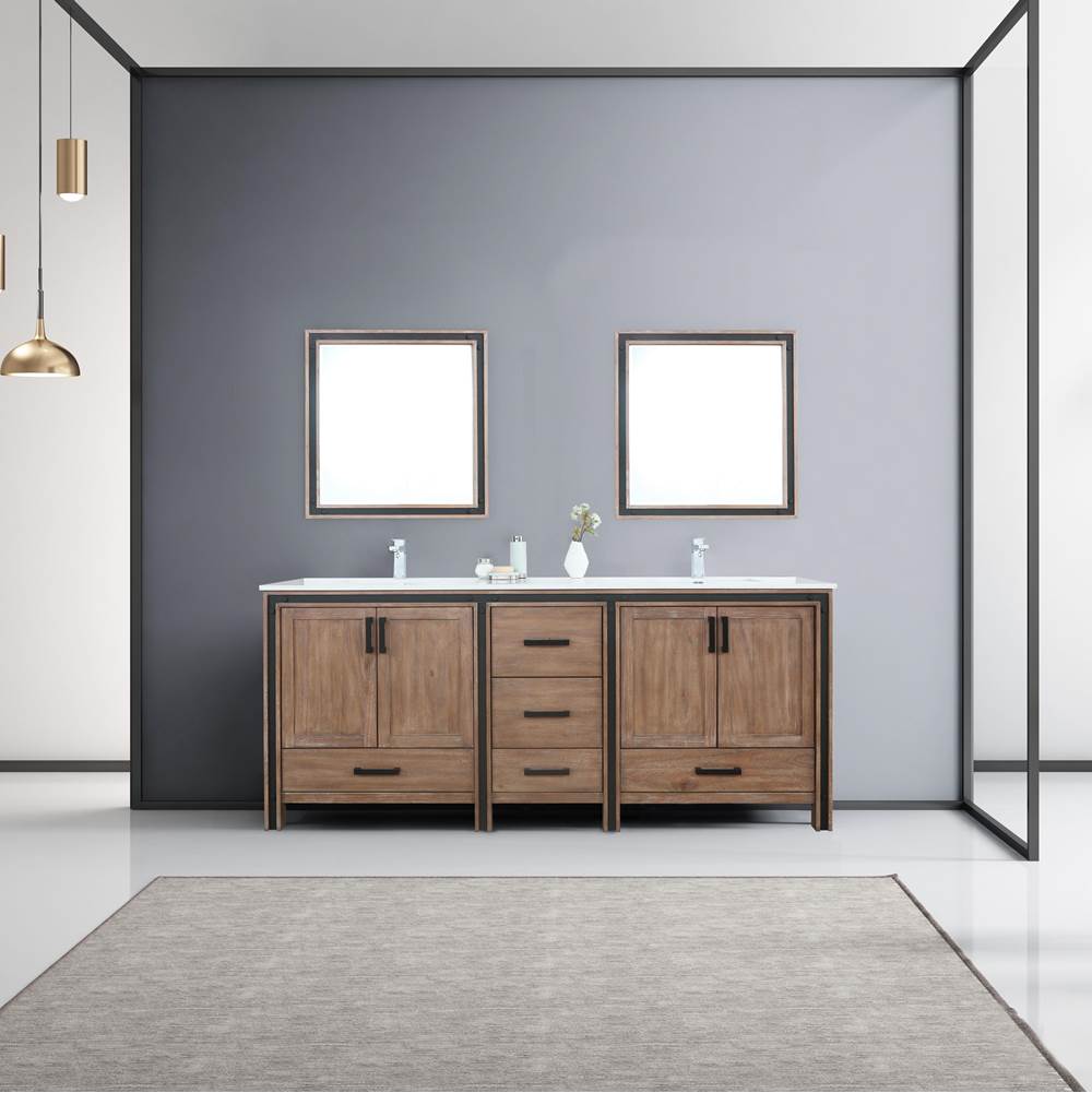 Lexora Ziva 80'' Rustic Barnwood Double Vanity, Cultured Marble Top, White Square Sink and 30'' Mirrors w/ Faucet
