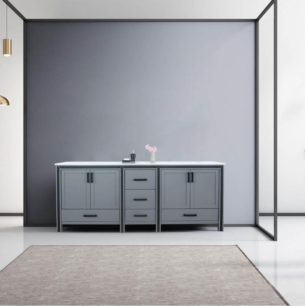 Lexora Ziva 84'' Dark Grey Double Vanity, Cultured Marble Top, White Square Sink and no Mirror