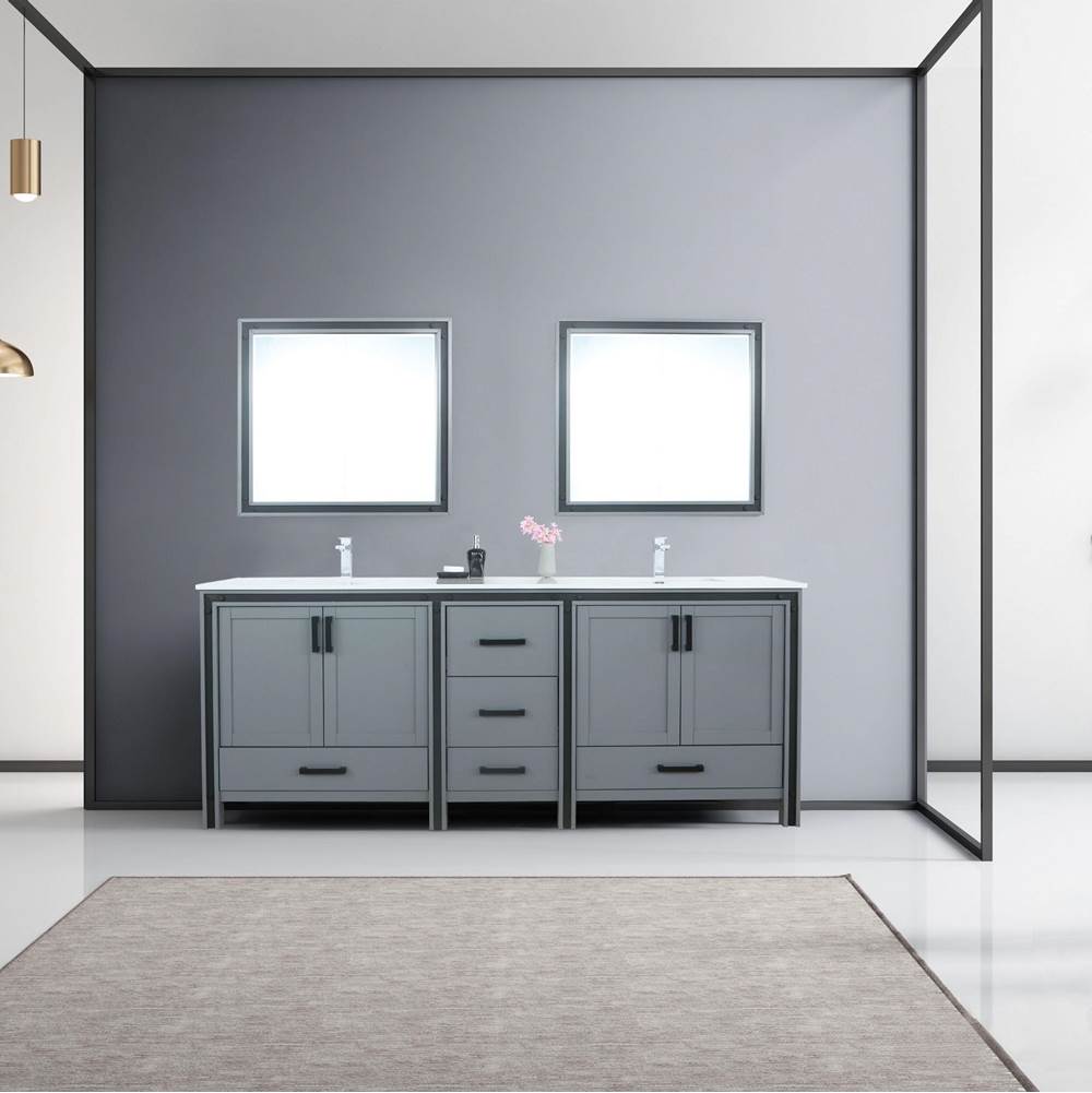 Lexora Ziva 84'' Dark Grey Double Vanity, Cultured Marble Top, White Square Sink and 34'' Mirrors w/ Faucet