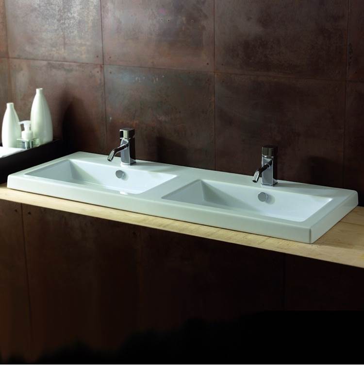 Nameeks Rectangular White Double Ceramic Wall Mounted or Built-In Sink