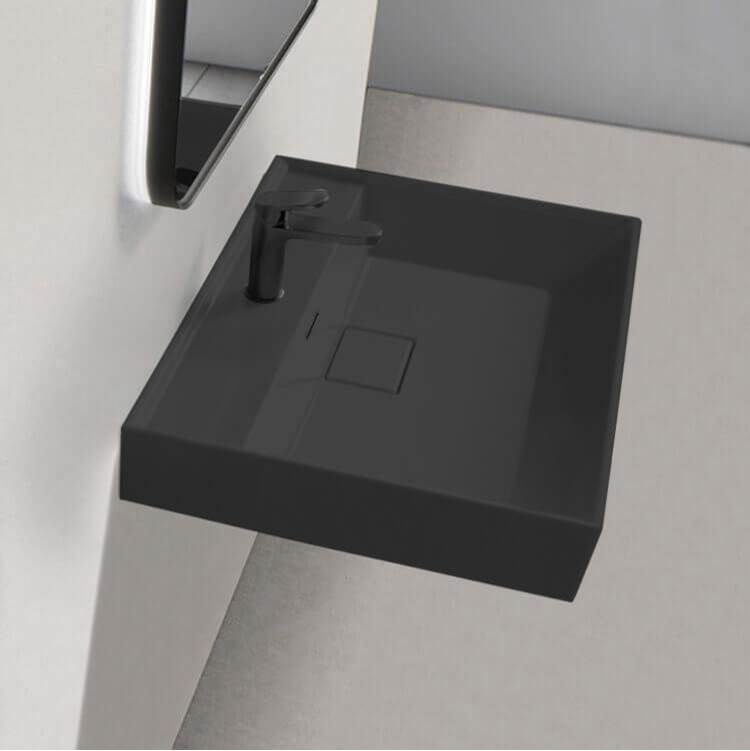 Nameeks Square Matte Black Ceramic Wall Mounted Sink