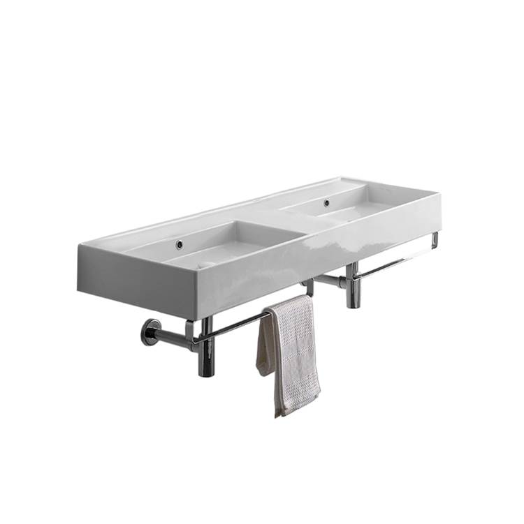 Nameeks Double Ceramic Wall Mounted Sink With Polished Chrome Towel Holder