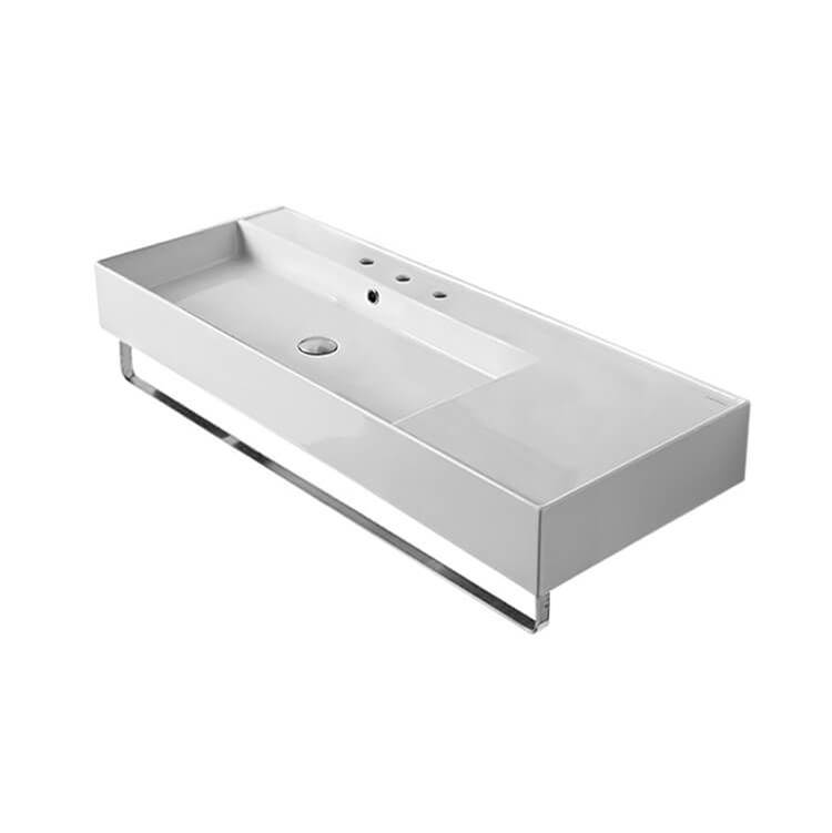 Nameeks Rectangular Ceramic Wall Mounted Sink With Counter Space, Towel Bar Included