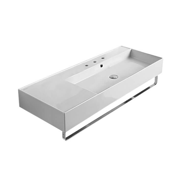 Nameeks Rectangular Ceramic Wall Mounted Sink With Counter Space, Towel Bar Included
