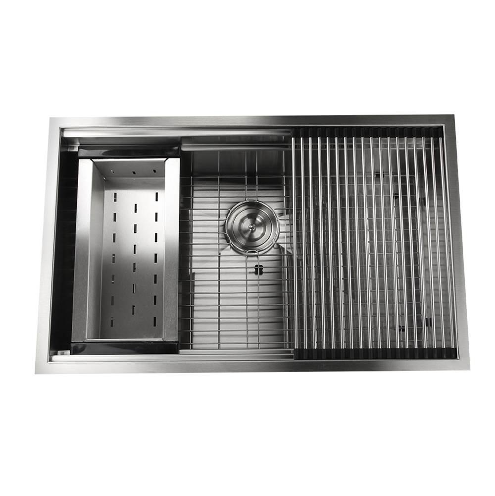 Nantucket Sinks 32 Inch Pro Series Large Prep Station Single Bowl Undermount Stainless Steel Kitchen Sink, with Included Rolling Mat, Grid, Colander, and Drain.
