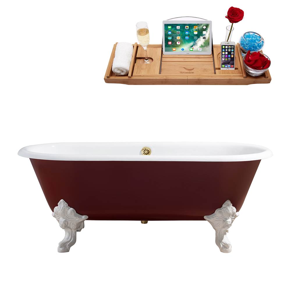 Streamline Bath 69'' Cast Iron R5000WH-GLD Soaking Clawfoot Tub and Tray with External Drain