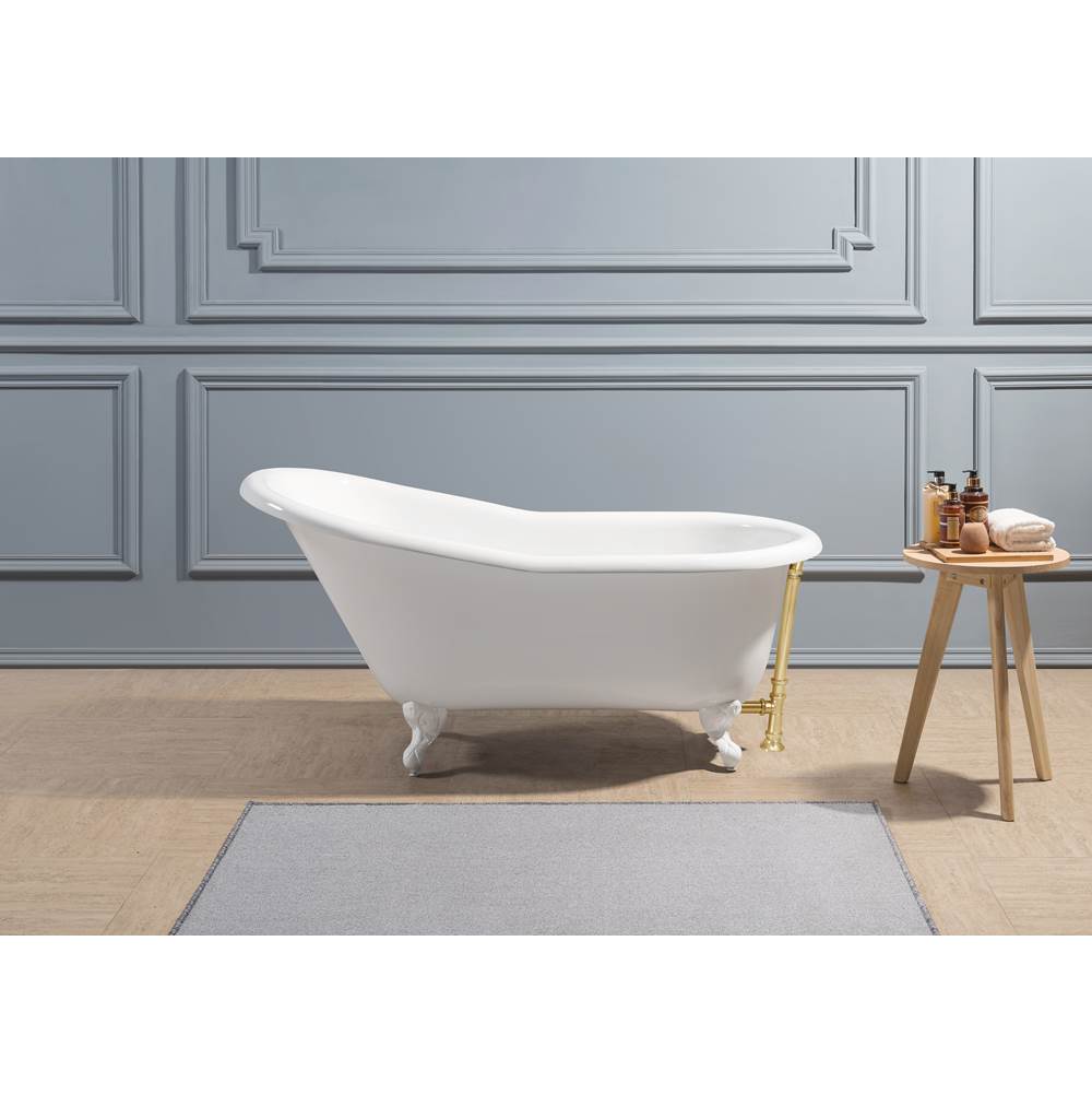 Streamline Bath 60'' Cast Iron R5120WH-GLD Soaking Clawfoot Tub and Tray with External Drain