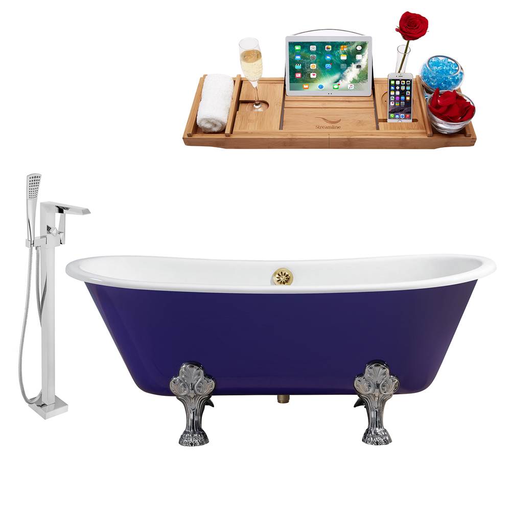 Streamline Bath Cast Iron Tub, Faucet and Tray Set 67'' RH5060CH-GLD-100
