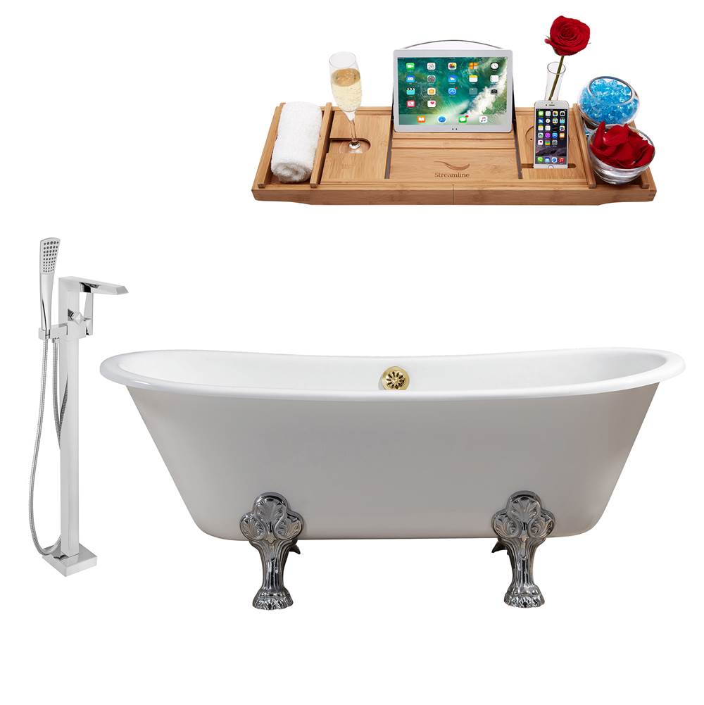 Streamline Bath Cast Iron Tub, Faucet and Tray Set 67'' RH5061CH-GLD-100