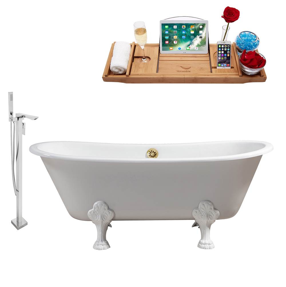 Streamline Bath Cast Iron Tub, Faucet and Tray Set 67'' RH5061WH-GLD-140