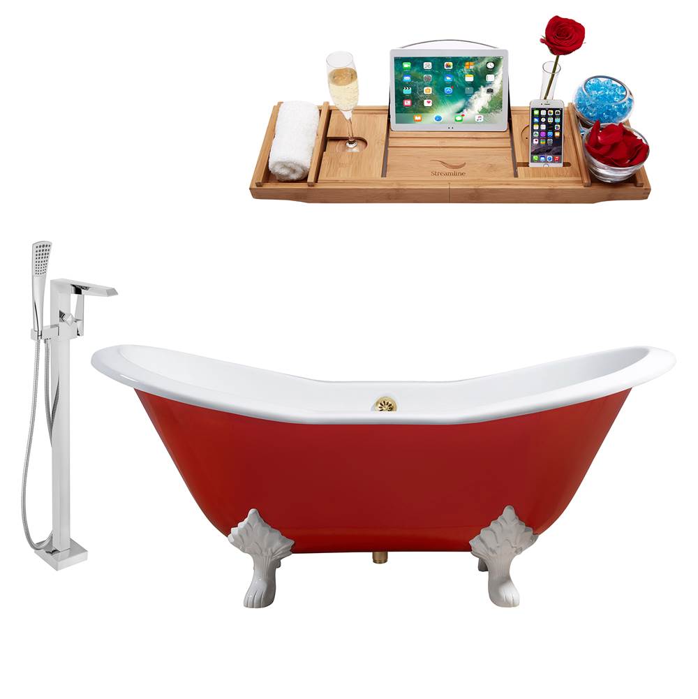 Streamline Bath Cast Iron Tub, Faucet and Tray Set 61'' RH5161WH-GLD-100