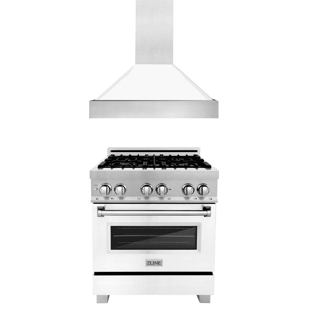 Z-Line 30'' Kitchen Package with DuraSnow Stainless Steel Dual Fuel Range with White Matte Door and Convertible Vent Range Hood