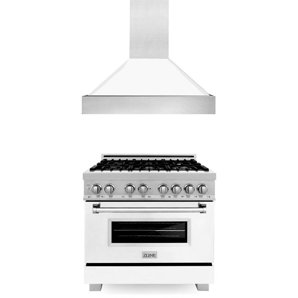 Z-Line 36'' Kitchen Package with DuraSnow Stainless Steel Dual Fuel Range with White Matte Door and Convertible Vent Range Hood
