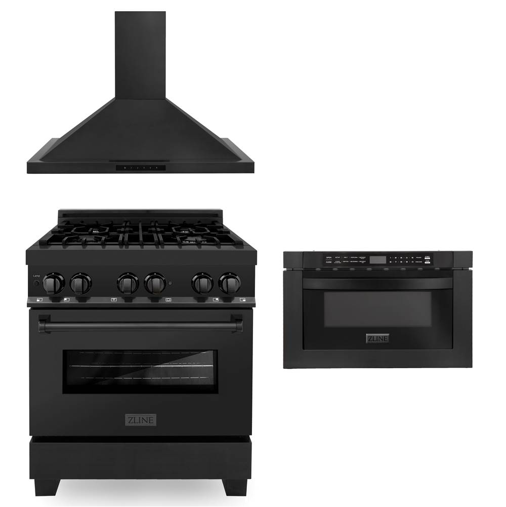 Z-Line 30'' Kitchen Package with Black Stainless Steel Dual Fuel Range, Convertible Vent Range Hood and Microwave Drawer