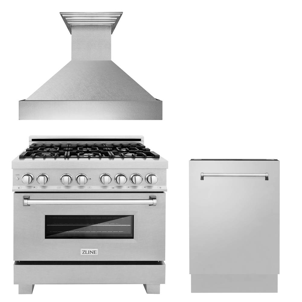 Z-Line 36'' Kitchen Package with DuraSnow Stainless Dual Fuel Range, Ducted Vent Range Hood and Tall Tub Dishwasher