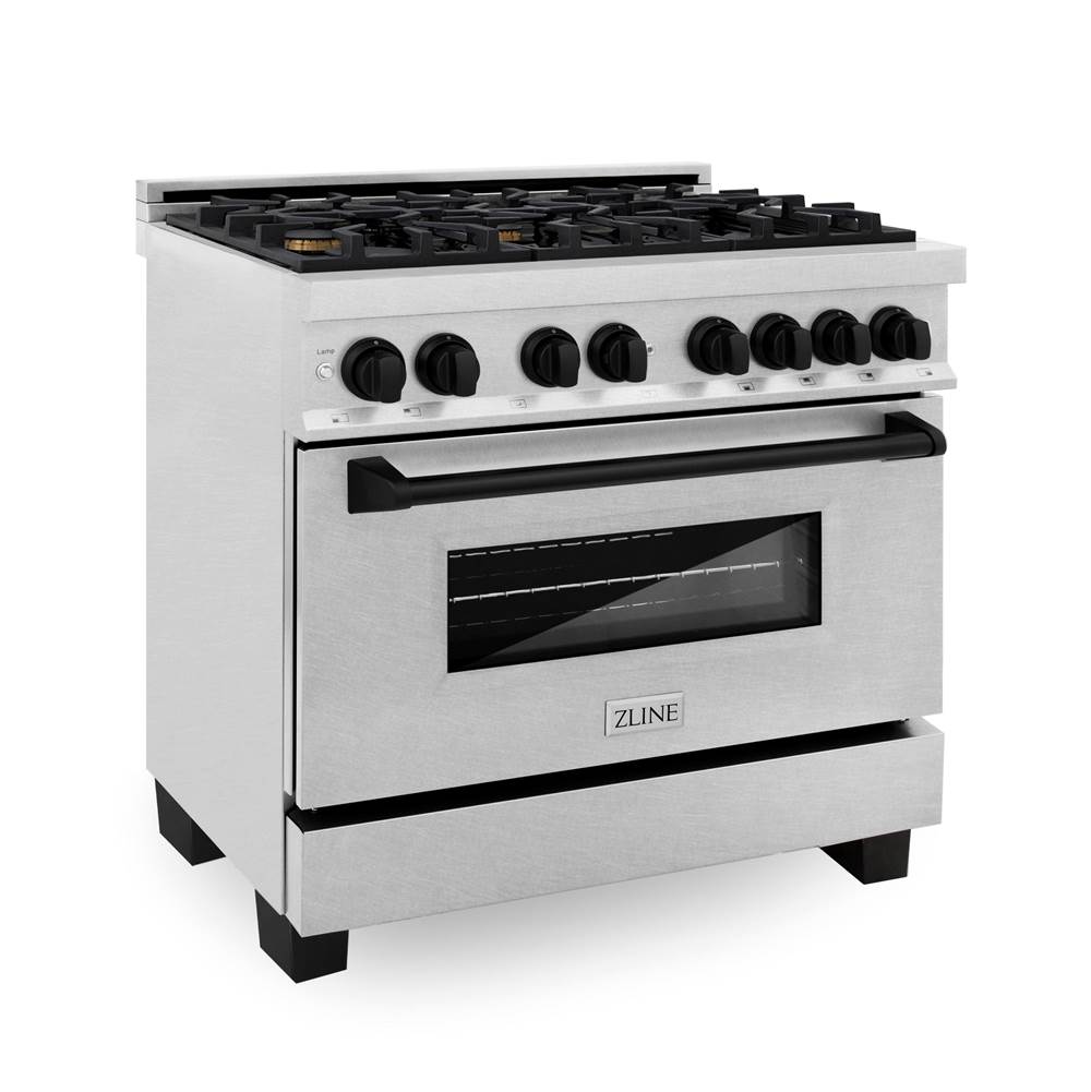 Z-Line Autograph Edition 36'' 4.6 cu.' Dual Fuel Range with Gas Stove and Electric Oven in DuraSnow Stainless Steel with Matte Black Accents