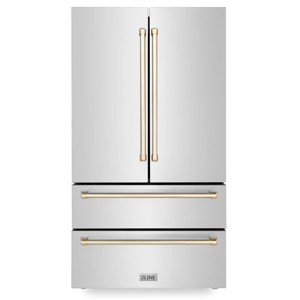 Z-Line 36'' Autograph Edition 22.5 cu. ft Freestanding French Door Refrigerator with Ice Maker in Fingerprint Resistant Stainless Steel with Gold Accents (RFMZ-36-G)