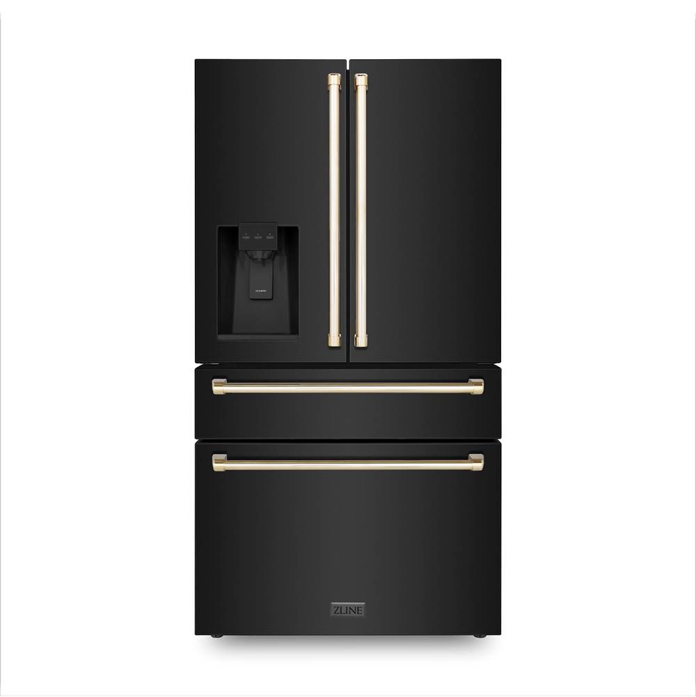 Z-Line 36'' Autograph Edition 21.6 cu. ft Freestanding French Door Refrigerator with Water and Ice Dispenser in Fingerprint Resistant Black Stainless Steel with Gold Handles
