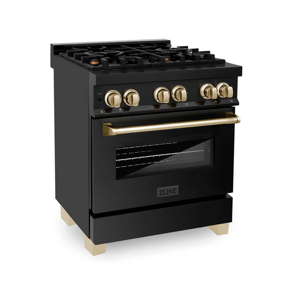 Z-Line Autograph Edition 30'' 4.0 cu.' Dual Fuel Range with Gas Stove and Electric Oven in Black Stainless Steel with Gold Accents