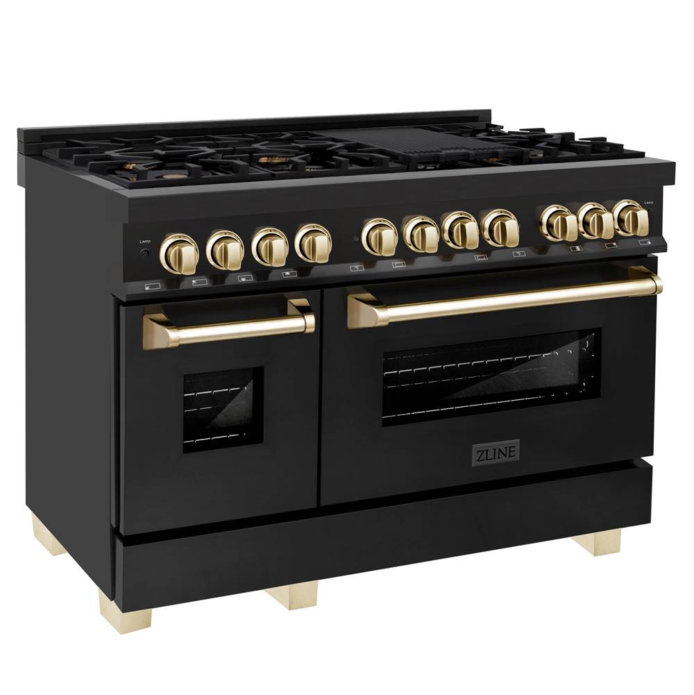 Z-Line Autograph Edition 48'' 6.0 cu.' Dual Fuel Range with Gas Stove and Electric Oven in Black Stainless Steel with Gold Accents